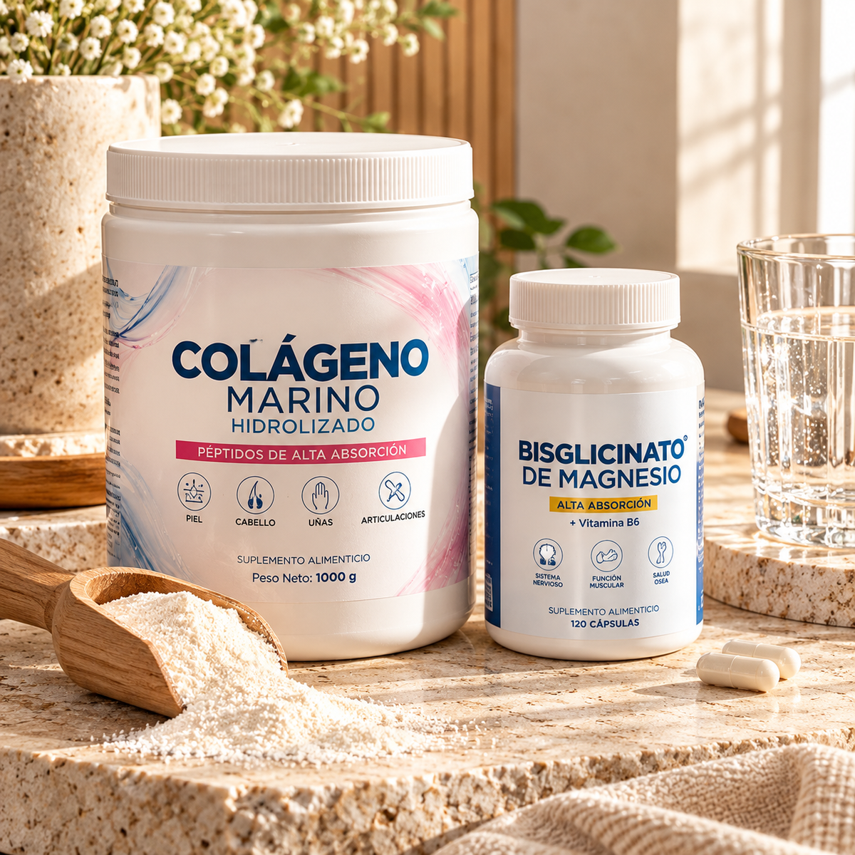Colágeno Marino Hidrolizado en polvo de 1000 g y Bisglicinato de Magnesio junto a un vaso de agua