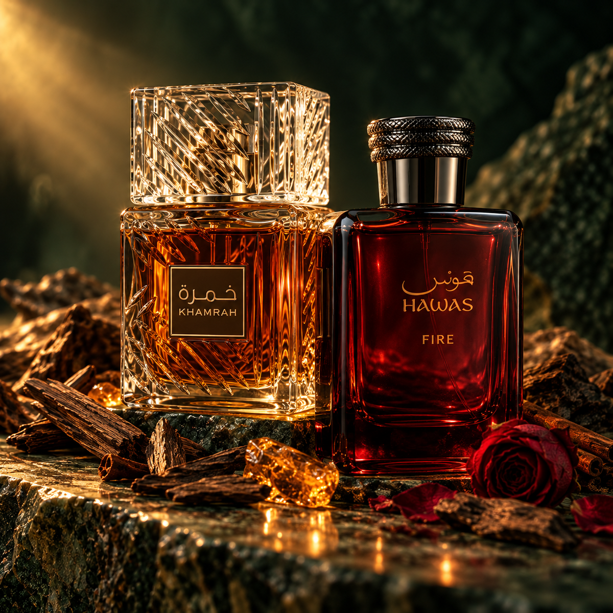 Perfumes árabes Lattafa Khamrah y Rasasi Hawas Fire de 100 ml sobre madera de oud