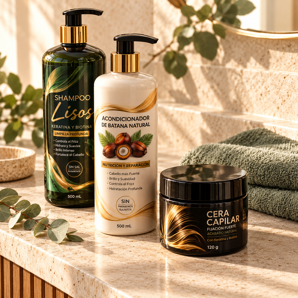 Rutina capilar antifrizz: shampoo Lisos, acondicionador de batana y cera capilar en una repisa de baño