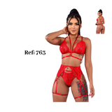 Conjunto de encaje rojo 3 piezas con liguero