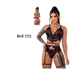 Conjunto de encaje negro 3 piezas con liguero