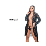 Bata y conjunto de lencería de encaje negro sensual