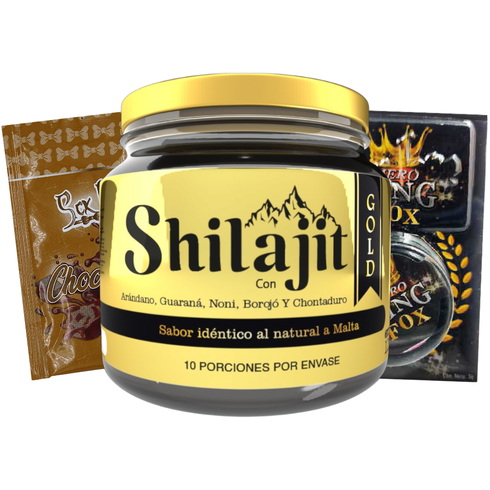 Shilajit Gold+ - presentación completa con gel íntimo chocolate y crema Mero King