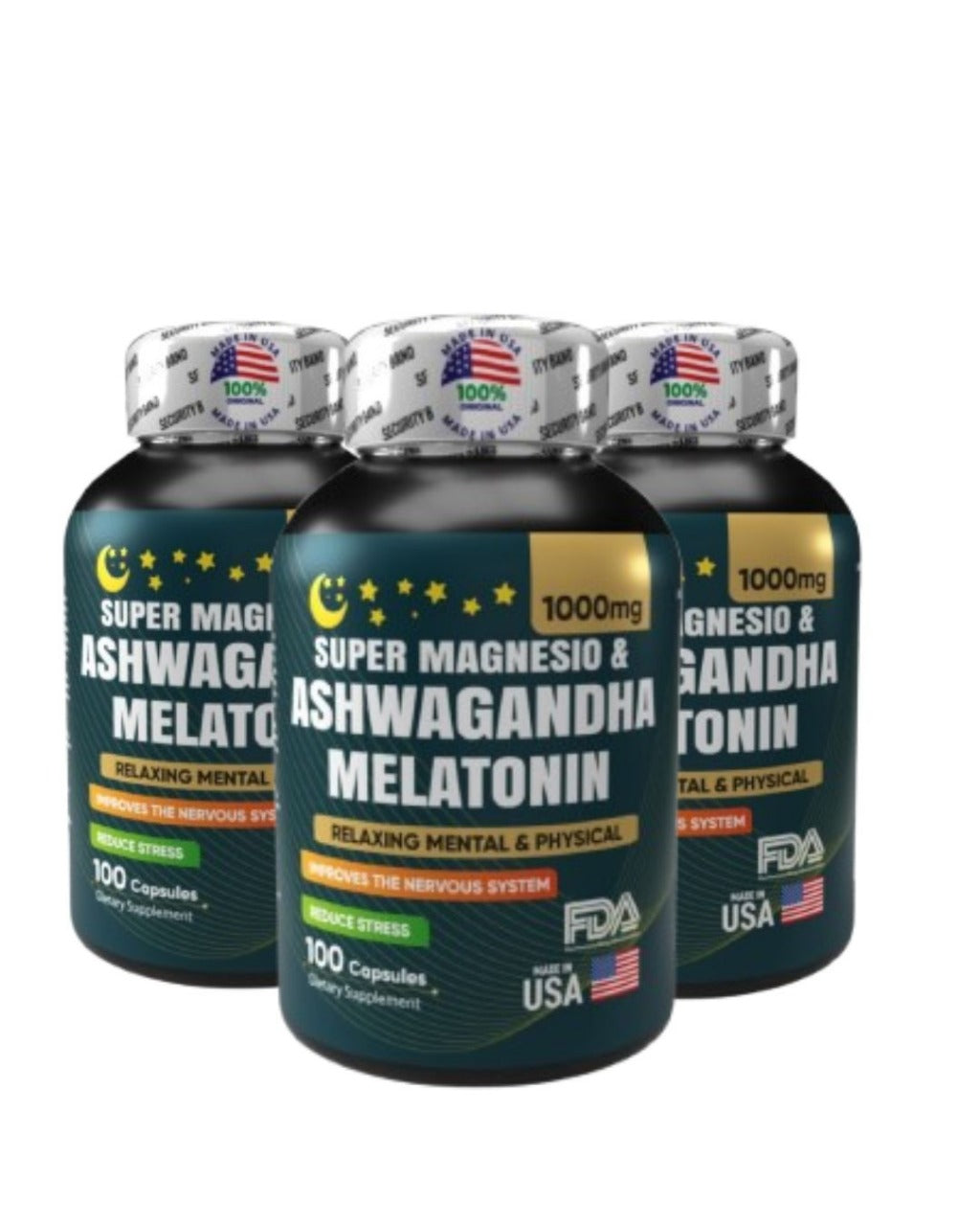 Tres frascos de magnesio 1000 mg con ashwagandha KSM-66 y melatonina, 100 cápsulas cada uno