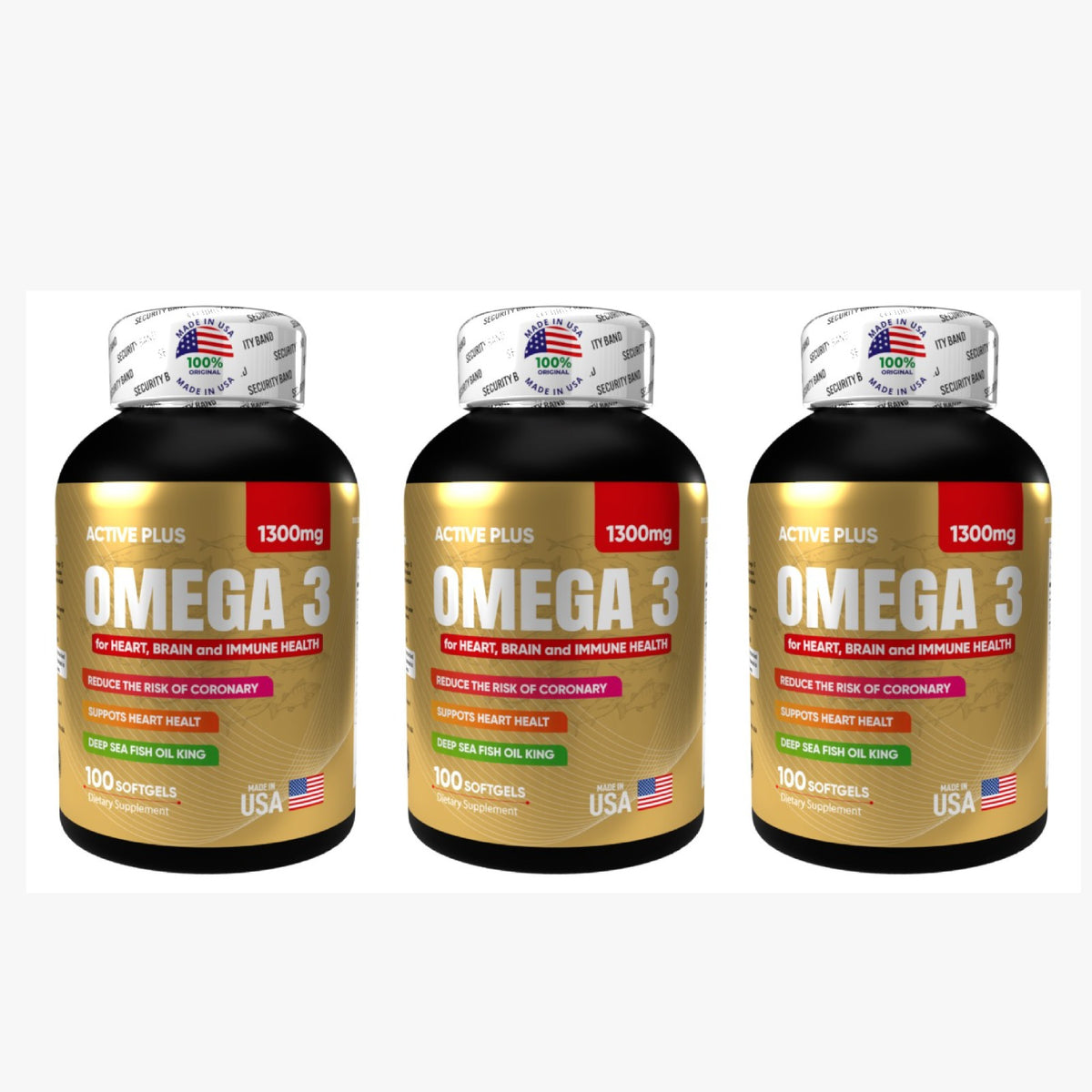 Tres frascos de Omega 3 de 1300 mg con 100 cápsulas blandas cada uno