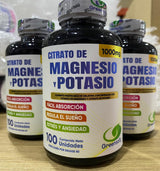 Tres frascos de citrato de magnesio y potasio 1000 mg masticable con espirulina