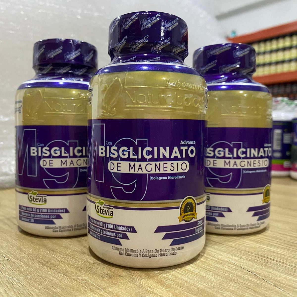Tres frascos de bisglicinato de magnesio masticable con colágeno hidrolizado