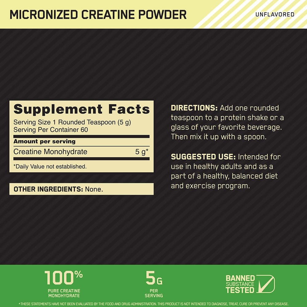 Creatina Optimum Nutrition - tabla nutricional y porciones
