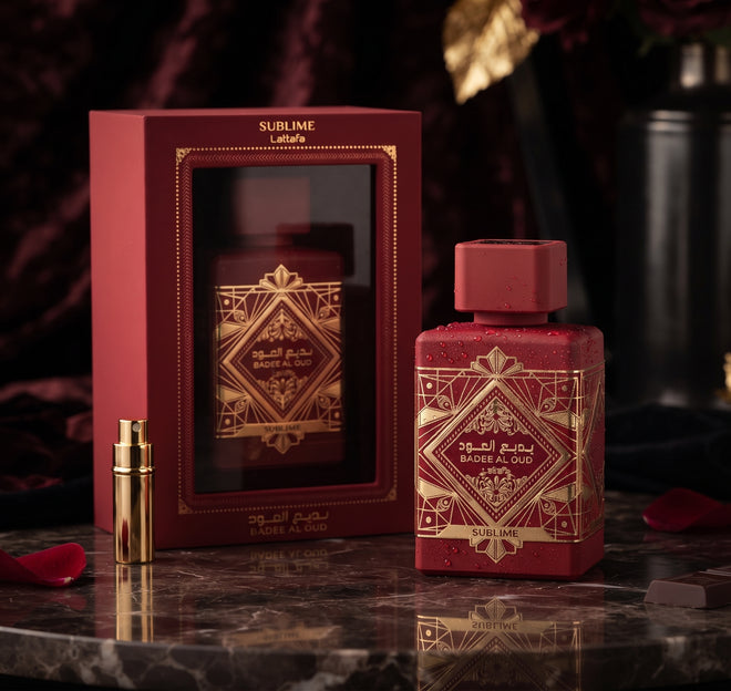 Lattafa Badee Al Oud Sublime Eau de Parfum 100 ml unisex con su estuche rojo