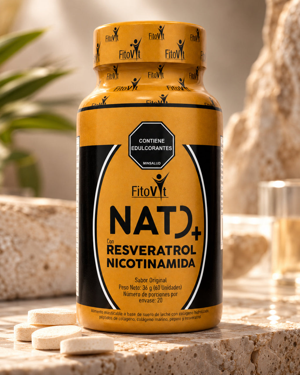 Botella FitoVit NAD sobre piedra natural