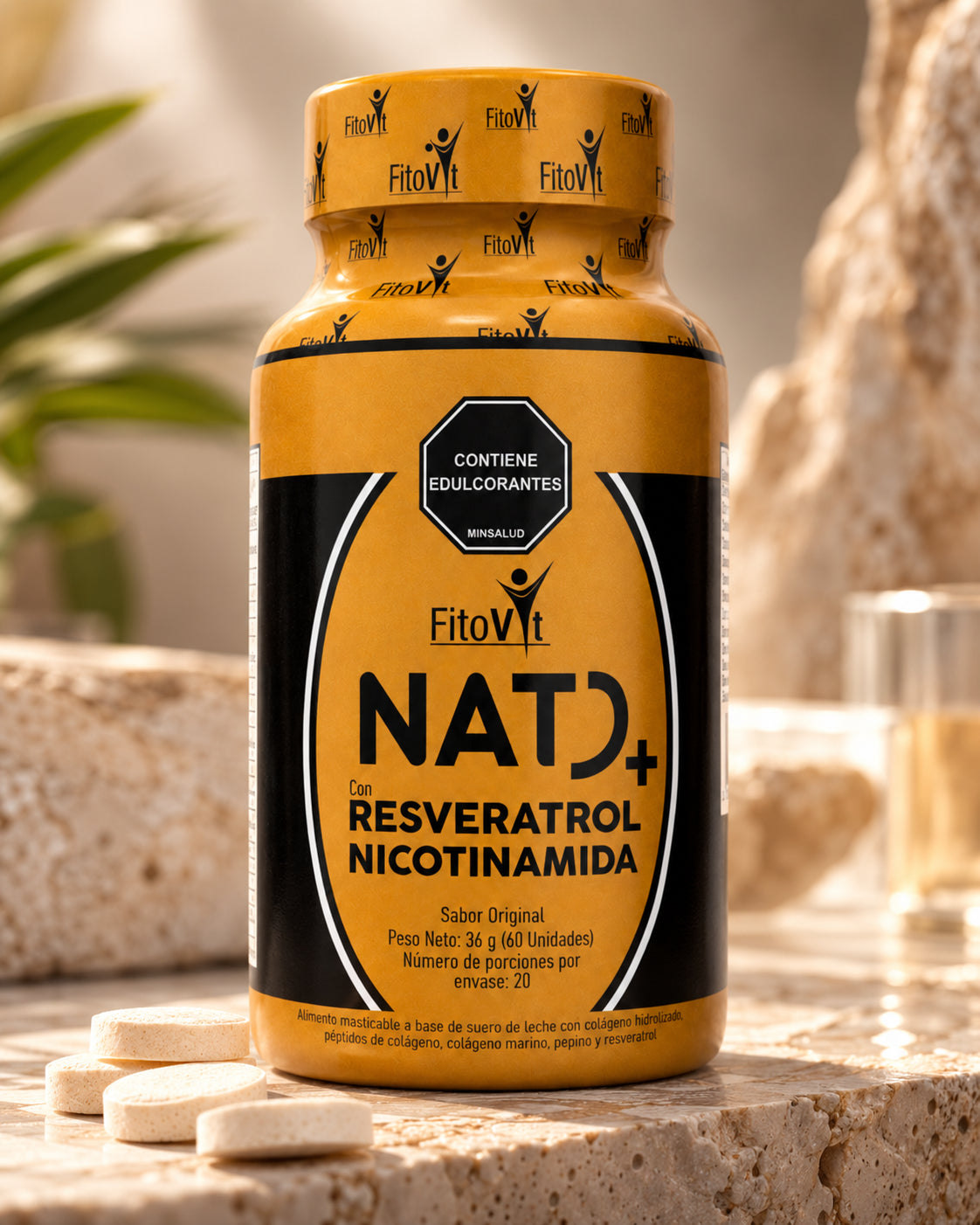 Botella FitoVit NAD sobre piedra natural