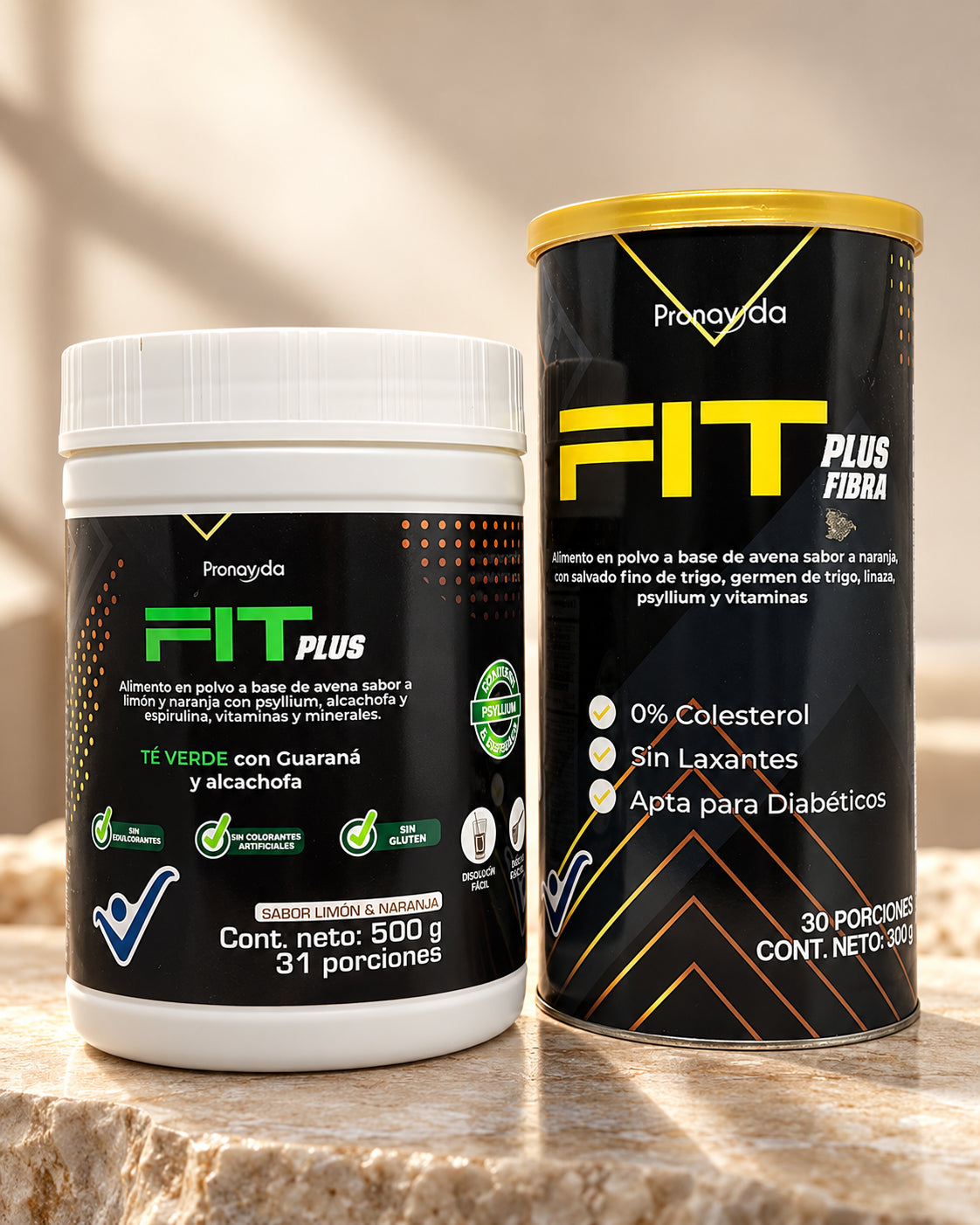 Combo Fit Plus té verde y fibra sobre piedra cálida