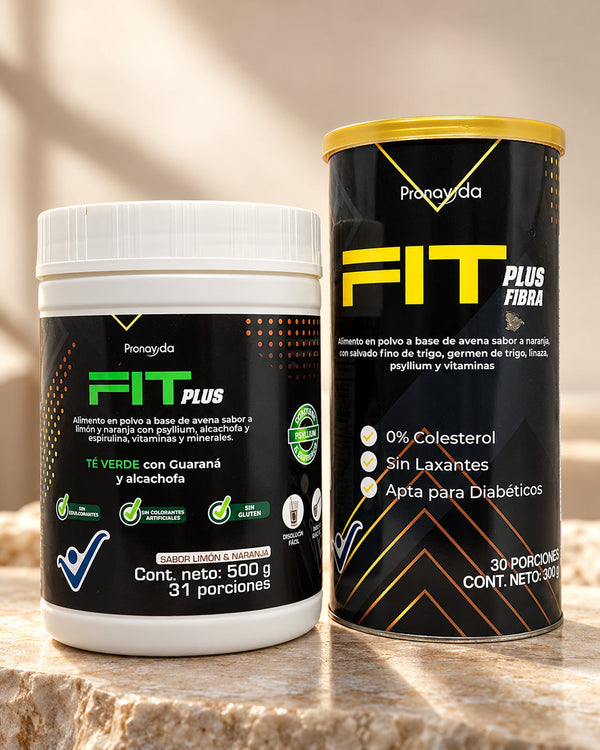 Combo Fit Plus té verde y fibra sobre piedra cálida