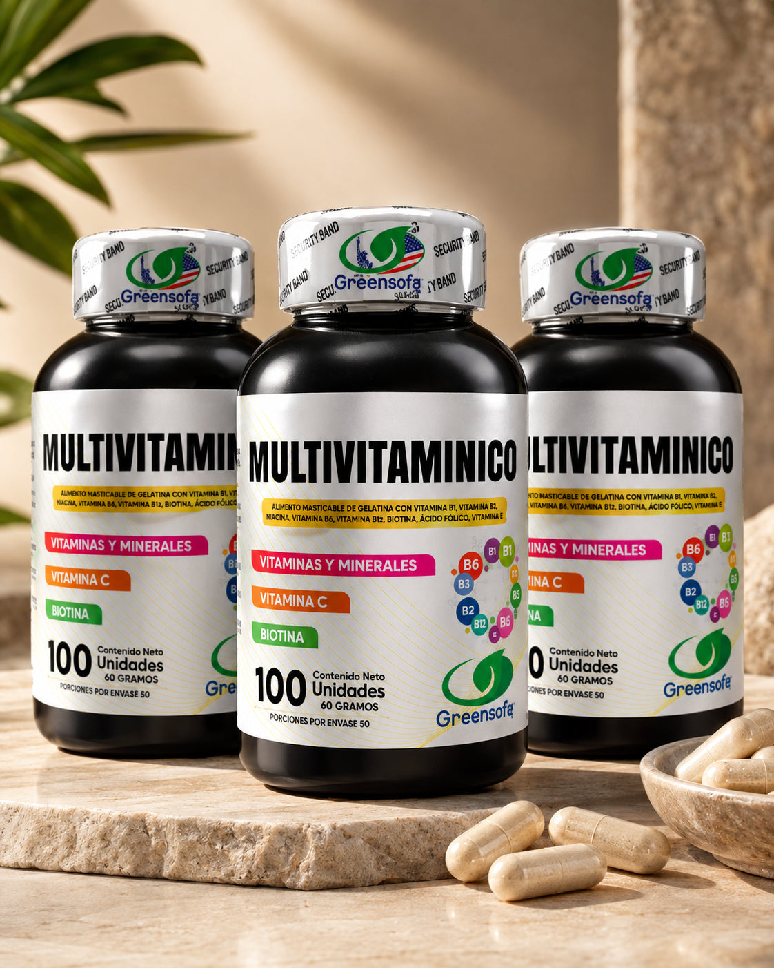 Botes de multivitamínico Greensofa 100 softgels pack x3