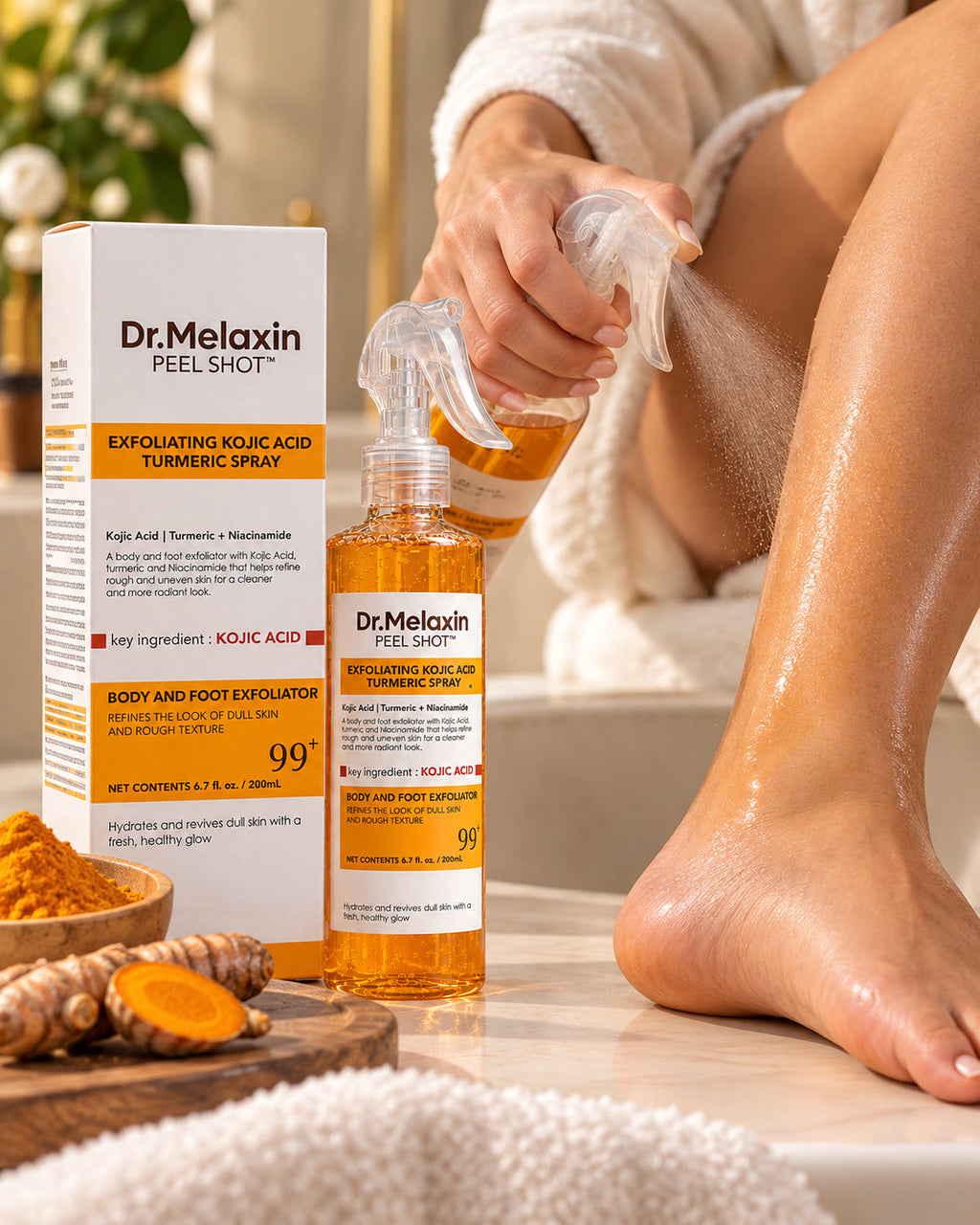 Demostración de uso del spray exfoliante de cúrcuma