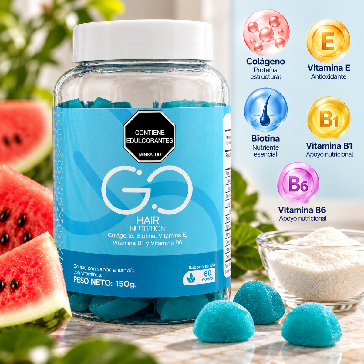 Gomitas Go Hair con Biotina y Colágeno — 60 Gomitas Sabor Sandía
