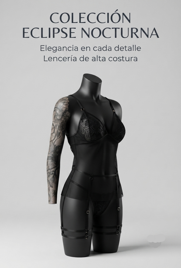 Babydoll negro de malla - vista frontal