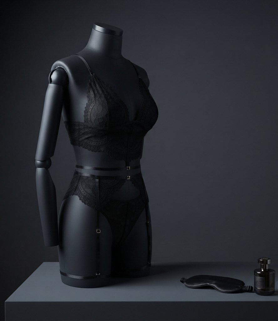 Conjunto de encaje negro 3 piezas - detalle del sujetador con moños