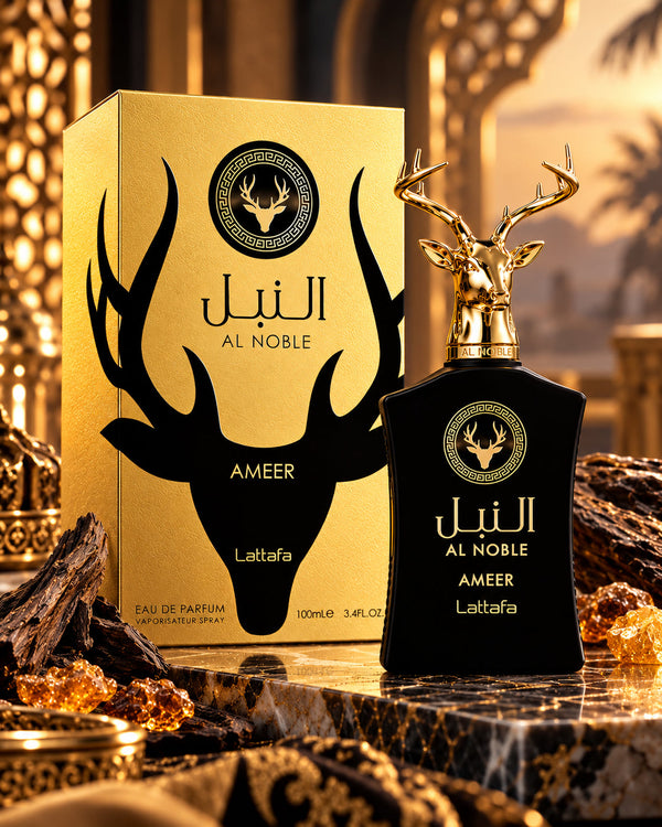 Lattafa Ameer Eau de Parfum unisex 100 ml en ambiente dorado