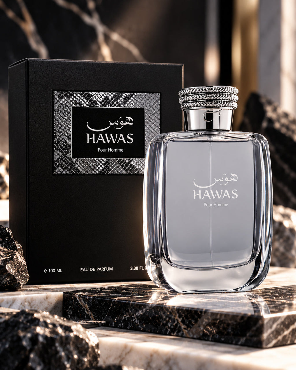 Rasasi Hawas for Him Eau de Parfum 100 ml sobre mármol negro