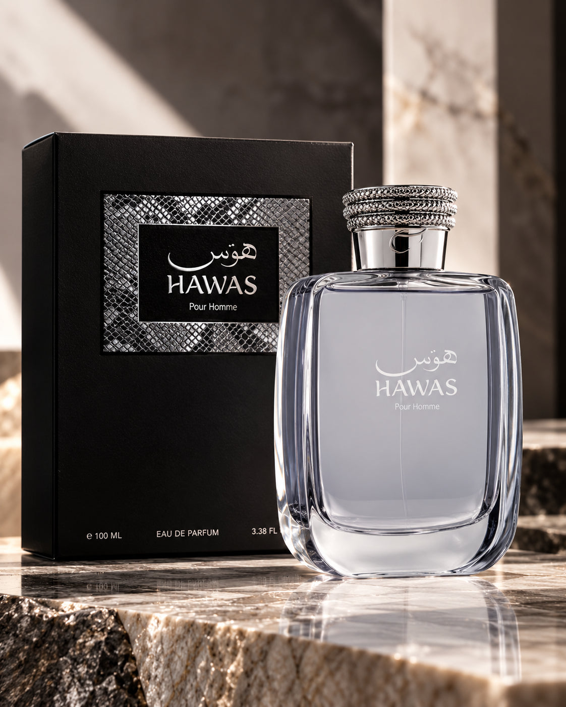 Rasasi Hawas for Him sobre mármol elegante