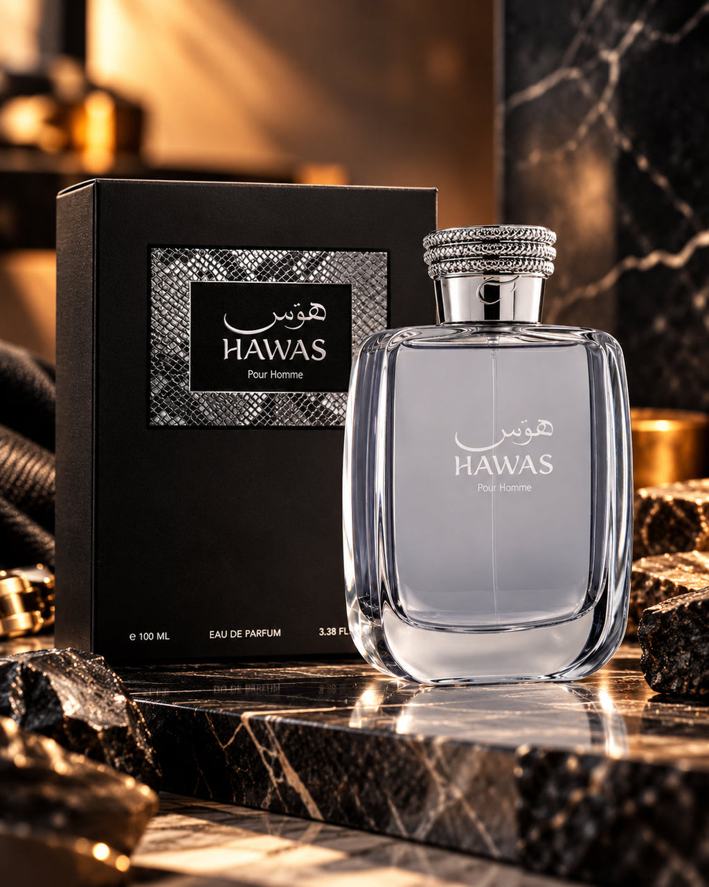 Rasasi Hawas for Him sobre mármol oscuro