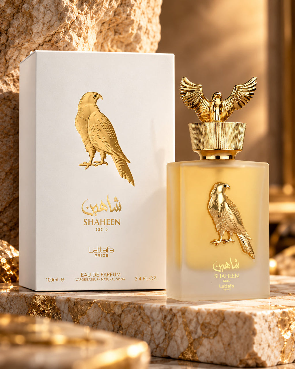 Lattafa Shaheen Gold detalle en dorado