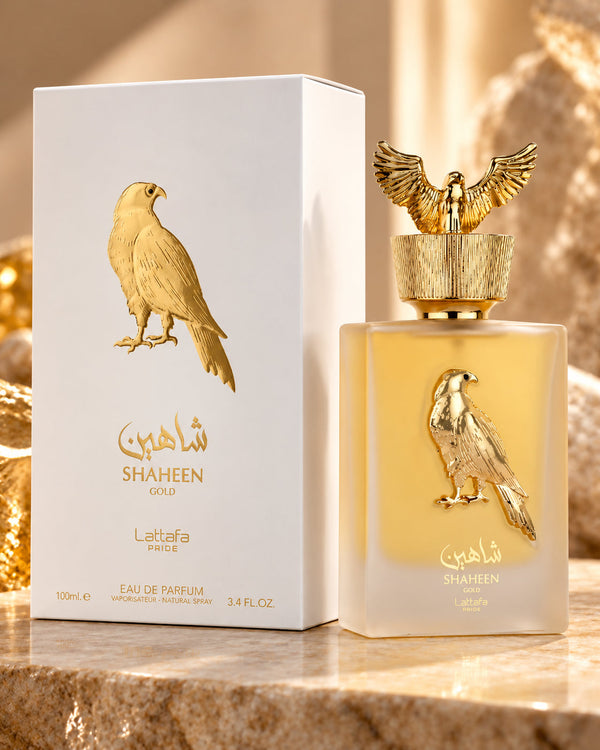 Lattafa Shaheen Gold Eau de Parfum unisex 100 ml sobre mármol dorado