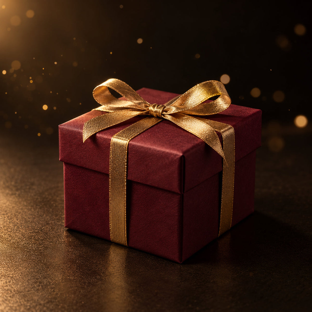 Caja de regalo burdeos con lazo dorado — Regalo Sorpresa de Perfumería