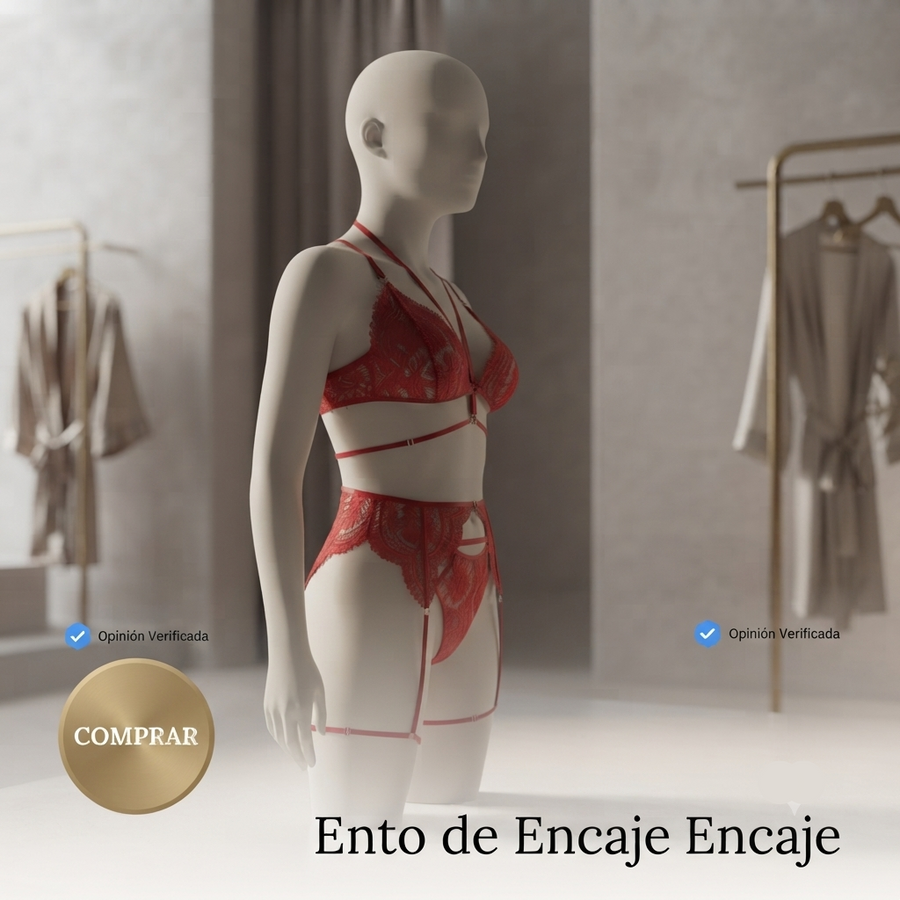 Conjunto de encaje rojo 3 piezas - vista frontal