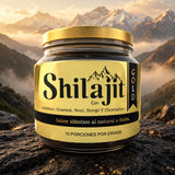 Shilajit Gold+ - detalle de la etiqueta y cuchara dosificadora