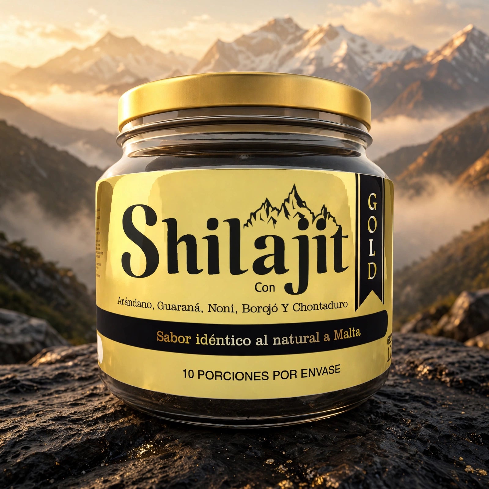 Shilajit Gold+ - detalle de la etiqueta y cuchara dosificadora