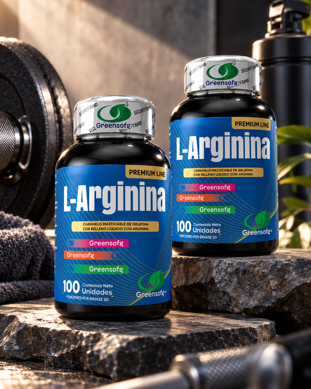 Suplemento L-Arginina 800 mg en ambiente fitness