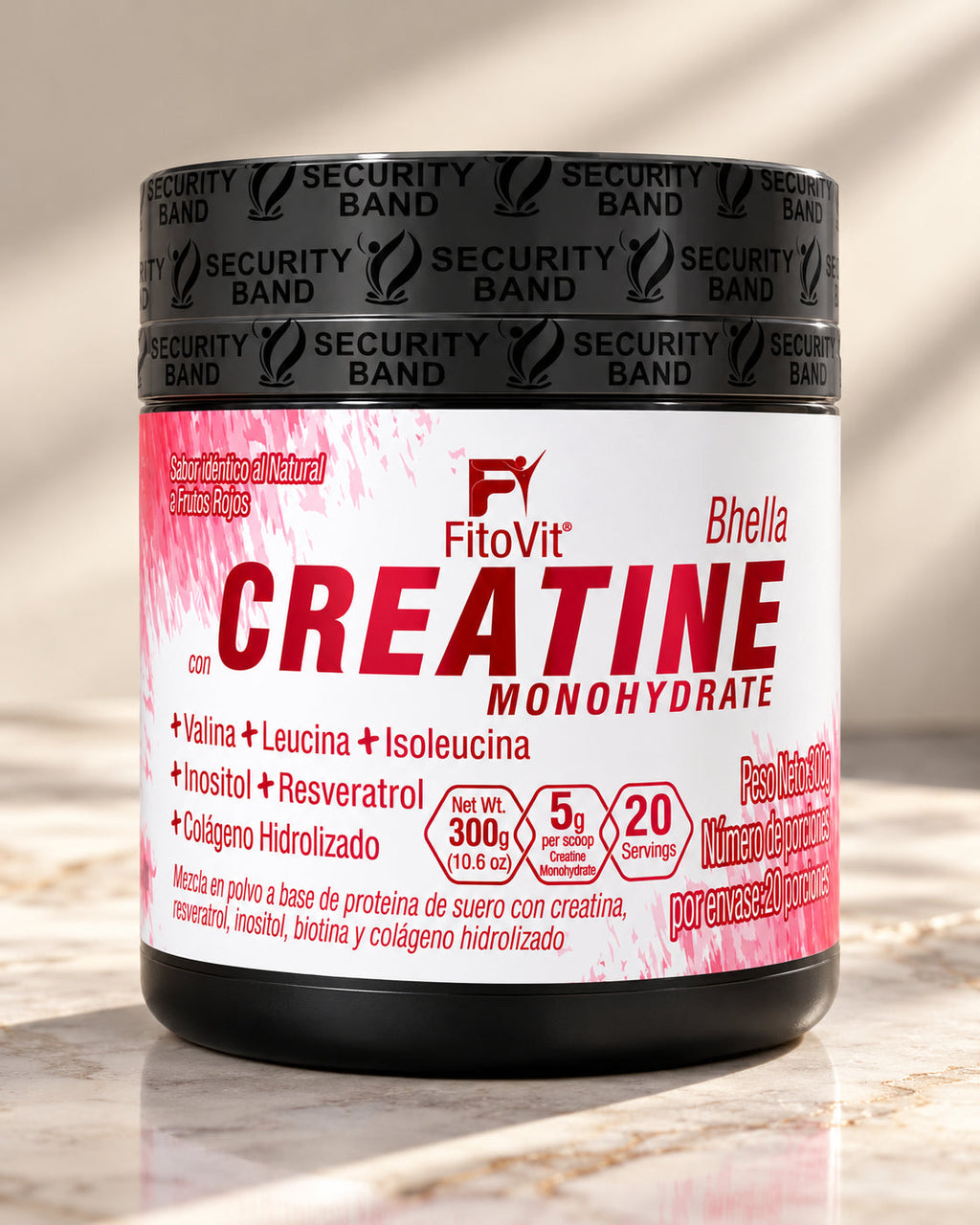 Tarro de creatina FitoVit en estudio premium